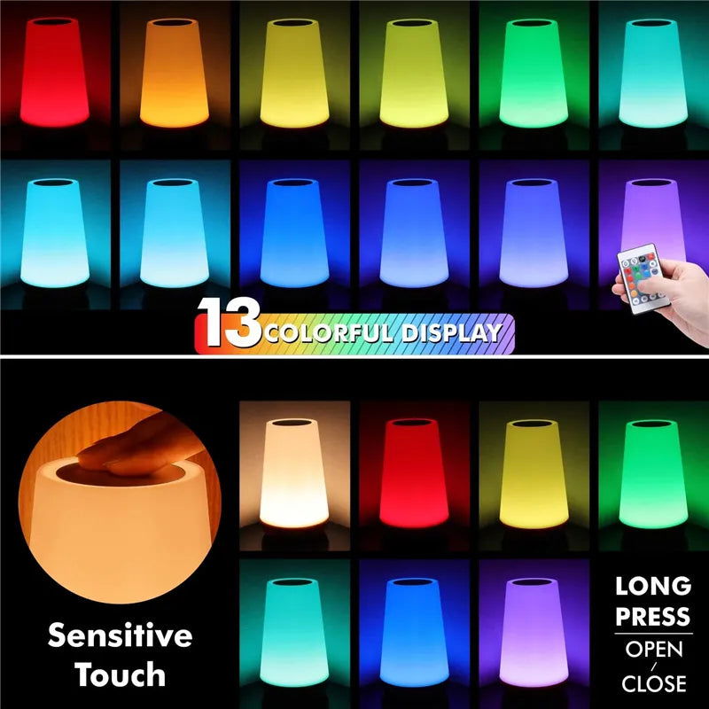 13 Color Changing Night Light RGB Remote Control Touch Dimmable Lamp Portable Table Bedside Lamps USB Rechargeable Night Lamp - Slobuy