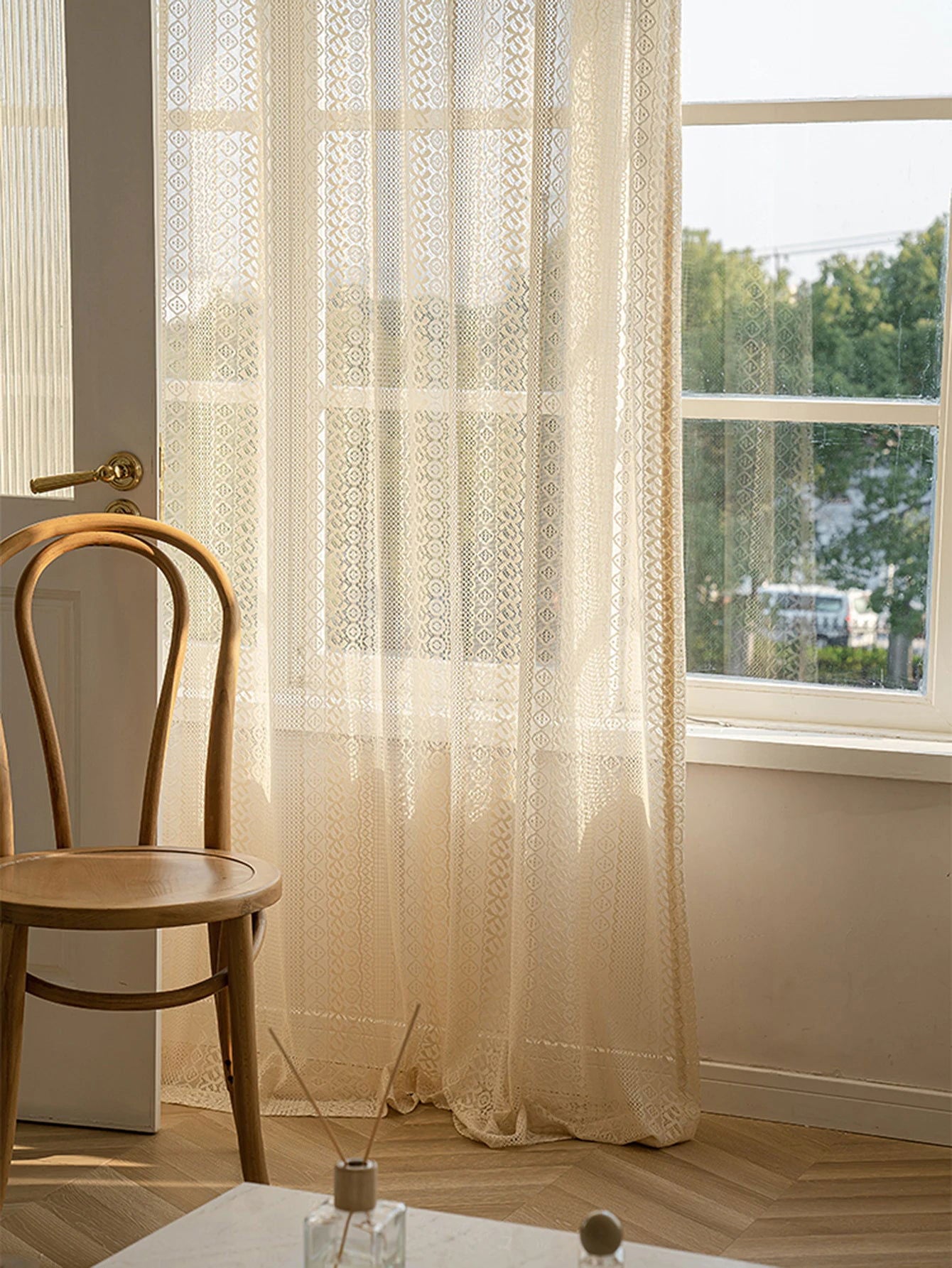 1PC Japanese Boho Style Voile Tulle,Beige Vintage Argyle Geometric Sheer Curtain,Rod Pocket,for the Living Room Decor - Slobuy