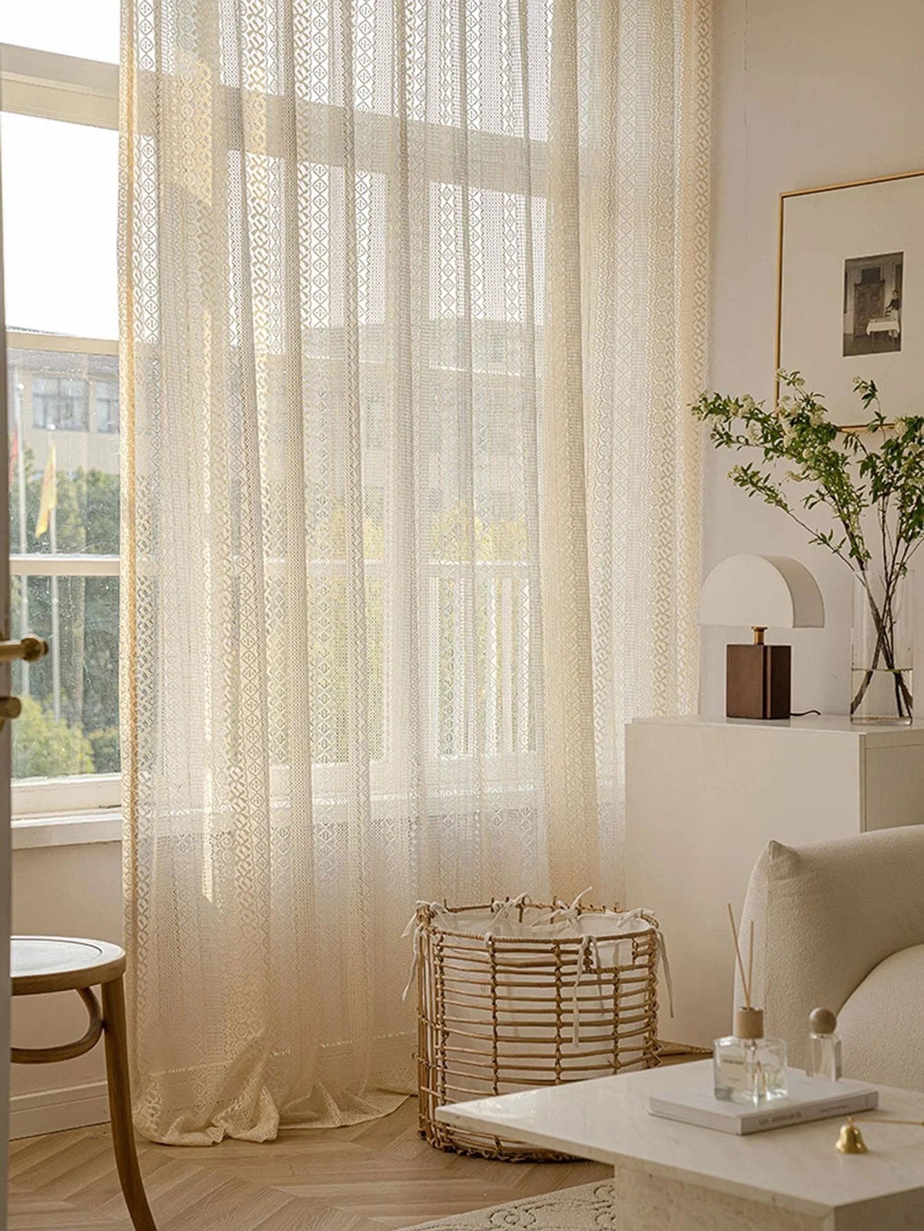 1PC Japanese Boho Style Voile Tulle,Beige Vintage Argyle Geometric Sheer Curtain,Rod Pocket,for the Living Room Decor - Slobuy