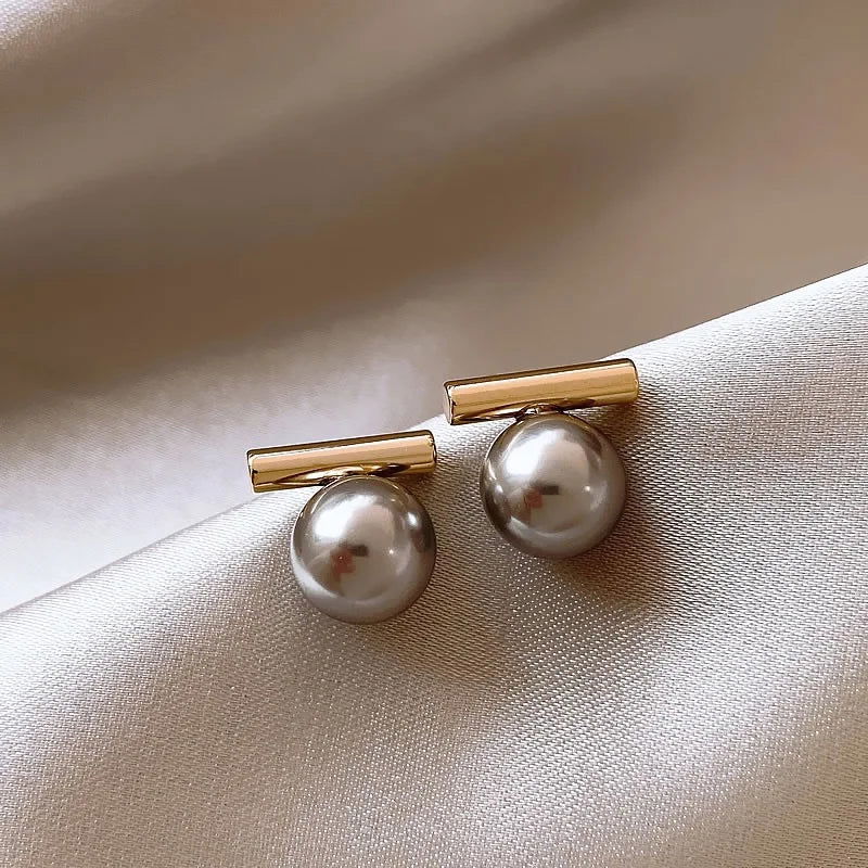 2023 New French Elegant Gold Color Bean Spliced Flat Pearl Earrings for Korean Fashion Jewelry Party Women's Sweet Accessories - Slobuy
