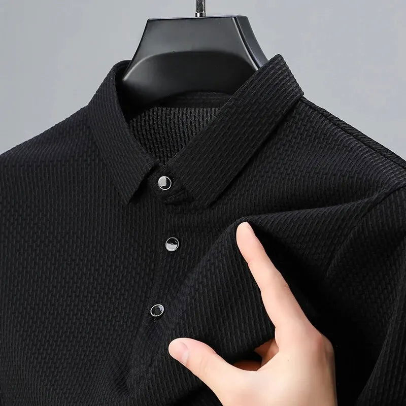 2024 Summer Men's Casual Polo Shirt Breathable Business Male Golf Social Short Sleeve Lapel Loose T-shirt Solid Color Cool Tops - Slobuy