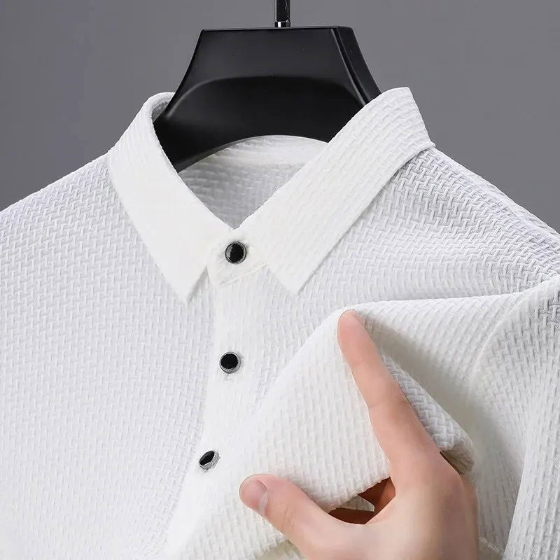 2024 Summer Men's Casual Polo Shirt Breathable Business Male Golf Social Short Sleeve Lapel Loose T-shirt Solid Color Cool Tops - Slobuy