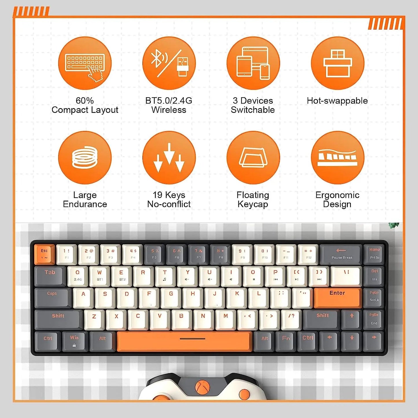 60% Wireless Mechanical Keyboard Bluetooth Dual Mode Hot-Swappable Mini 68-Key Red Switch for PC PS4 Xbox iPhone iPad - Slobuy