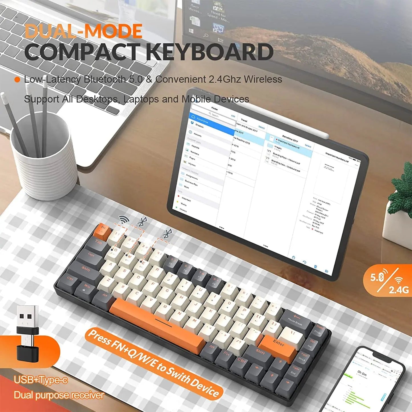 60% Wireless Mechanical Keyboard Bluetooth Dual Mode Hot-Swappable Mini 68-Key Red Switch for PC PS4 Xbox iPhone iPad - Slobuy