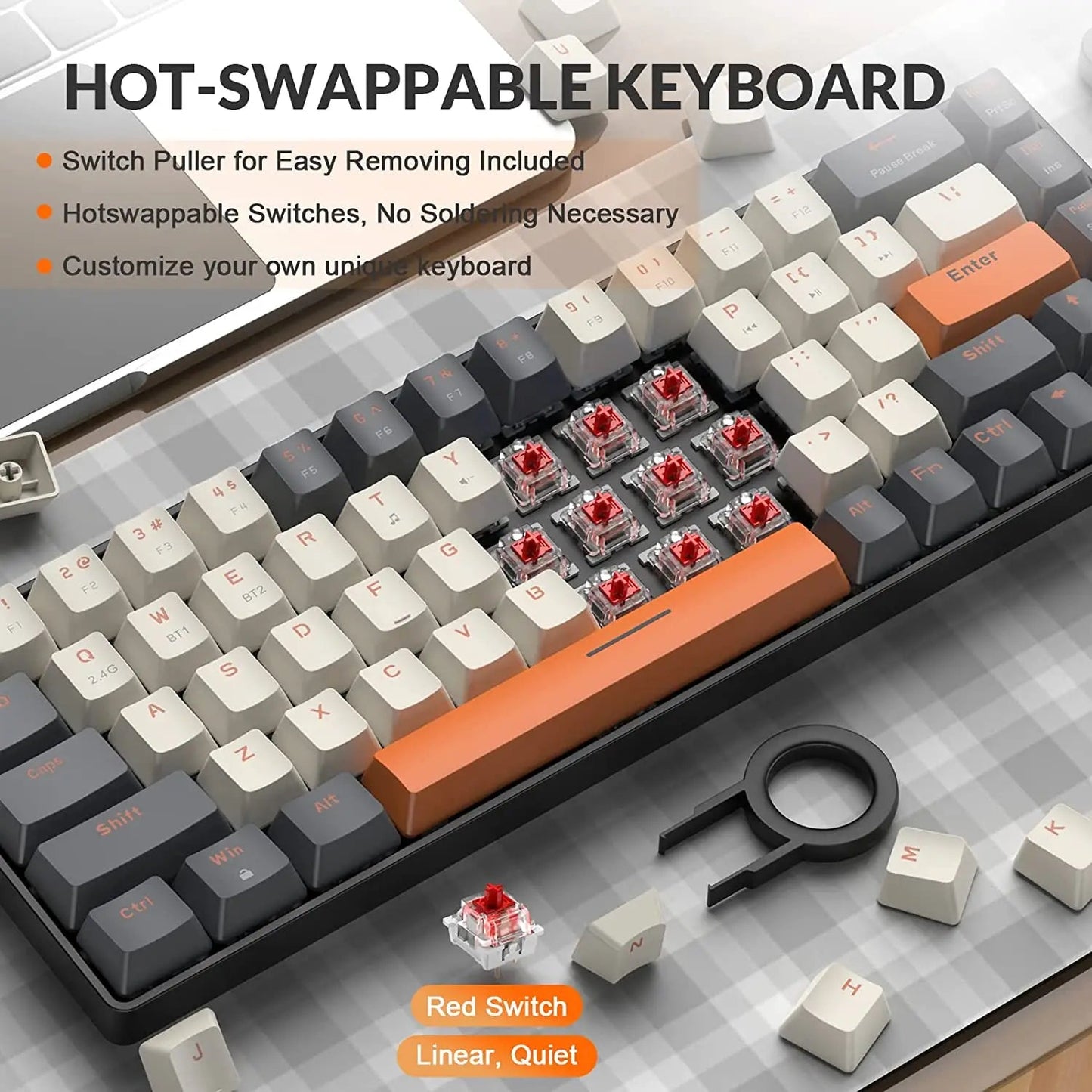 60% Wireless Mechanical Keyboard Bluetooth Dual Mode Hot-Swappable Mini 68-Key Red Switch for PC PS4 Xbox iPhone iPad - Slobuy