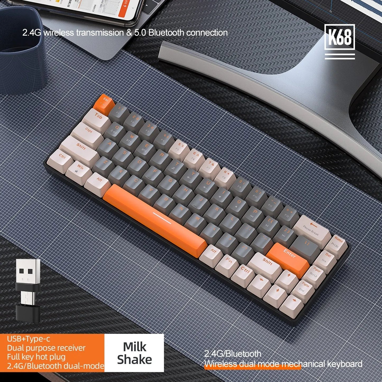 60% Wireless Mechanical Keyboard Bluetooth Dual Mode Hot-Swappable Mini 68-Key Red Switch for PC PS4 Xbox iPhone iPad - Slobuy