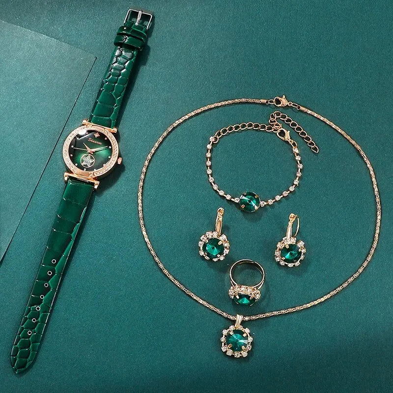 6PCS Set Green Luxury Quartz Watch Women Ring Necklace Earring Rhinestone Fashion Wristwatch Casual Ladies Bracelet Watches - Slobuy