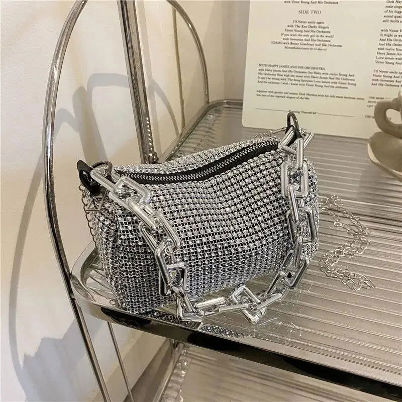 Allover Rhinestone Bucket Bag, Glitter Chain Prom Purse, Women's Mini Crossbody Bag (6.3*3.54) Inch - Slobuy