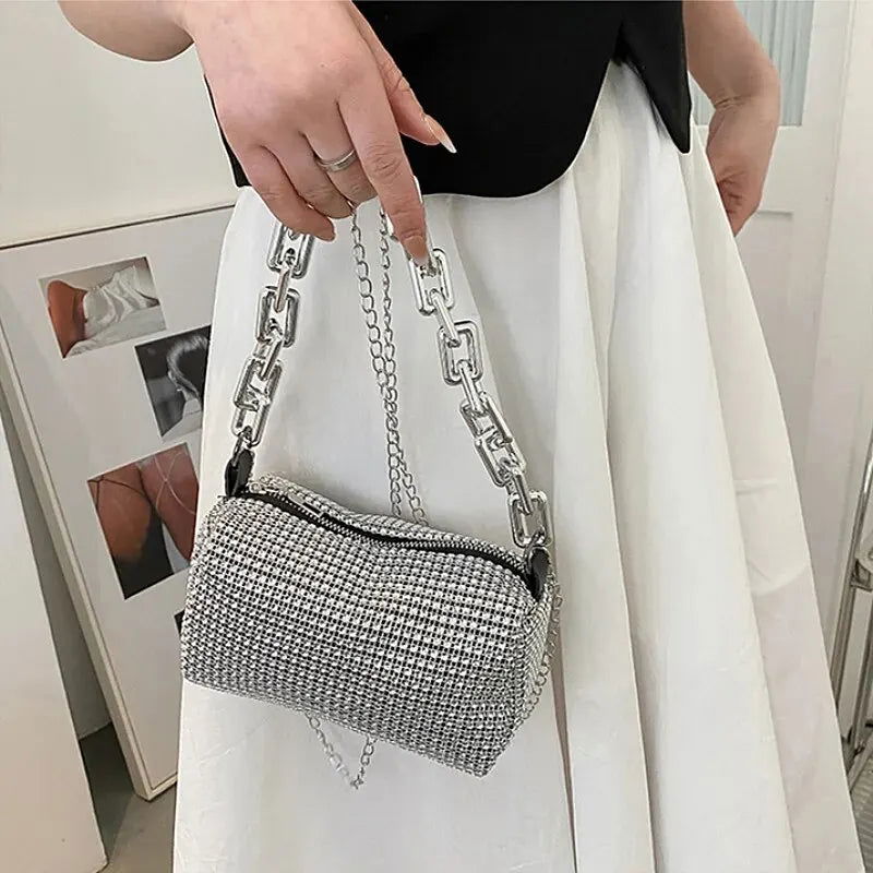 Allover Rhinestone Bucket Bag, Glitter Chain Prom Purse, Women's Mini Crossbody Bag (6.3*3.54) Inch - Slobuy