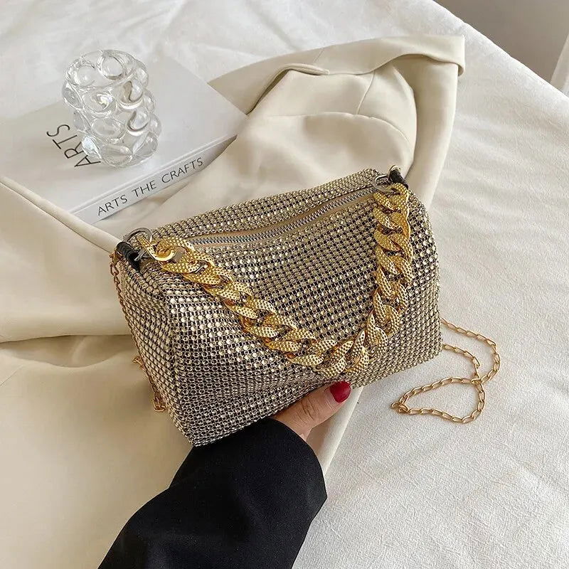 Allover Rhinestone Bucket Bag, Glitter Chain Prom Purse, Women's Mini Crossbody Bag (6.3*3.54) Inch - Slobuy