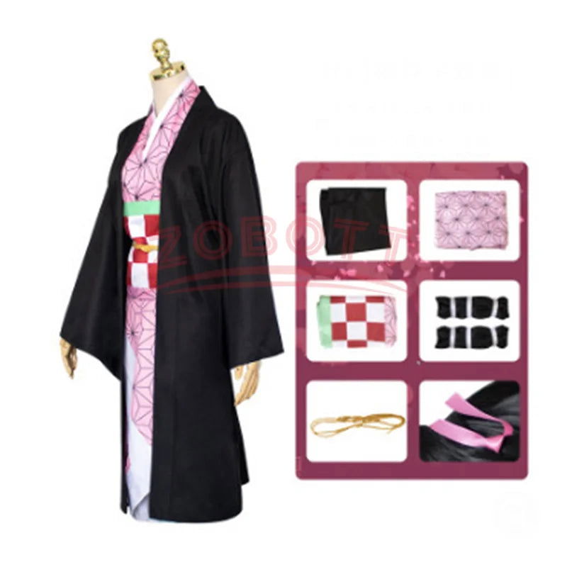 Anime Demon Slayer Nezuko Cosplay Costume Kimono Kimetsu No Yaiba Kamado Nezuko Costume Wig Womens Girls Kimono Uniform Clothes - Slobuy