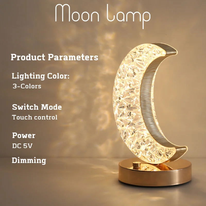 Bedroom Crystal Touch Dimming Night Light Girls Room Home Decor Aesthetics USB Bedside LED Ambient Table 3d Moon Lamp - Slobuy