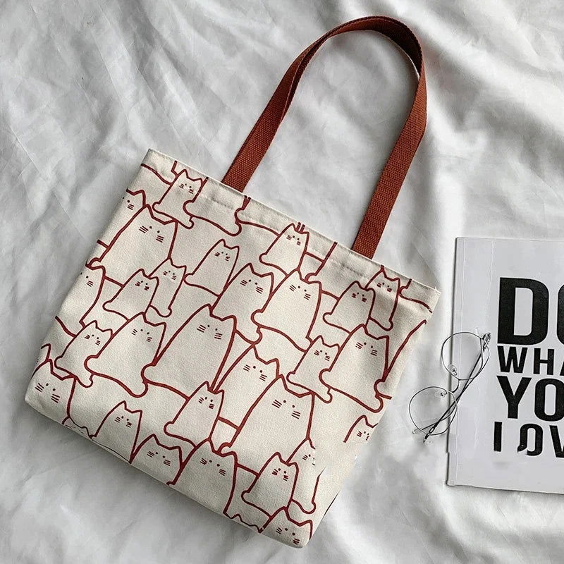 Canvas Bags Handbag for Women Shopper Cute Cat Tote Bag with Zipper Designer Bag Japanese Style Cartoon Small Shoulder - Slobuy