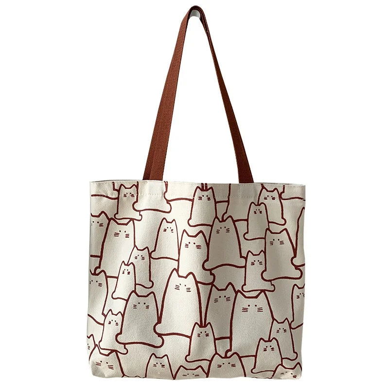 Canvas Bags Handbag for Women Shopper Cute Cat Tote Bag with Zipper Designer Bag Japanese Style Cartoon Small Shoulder - Slobuy