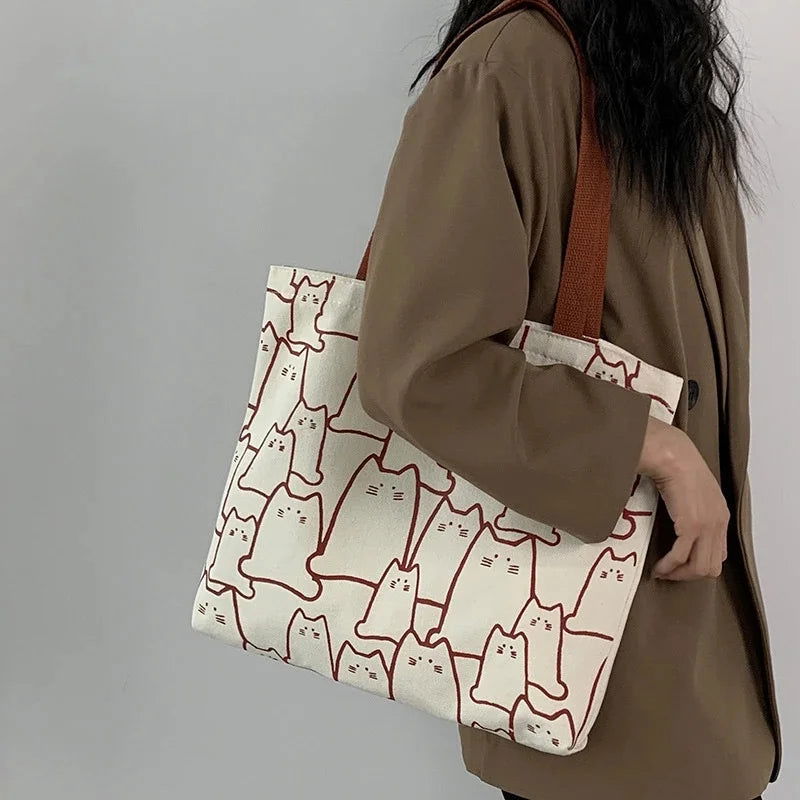 Canvas Bags Handbag for Women Shopper Cute Cat Tote Bag with Zipper Designer Bag Japanese Style Cartoon Small Shoulder - Slobuy