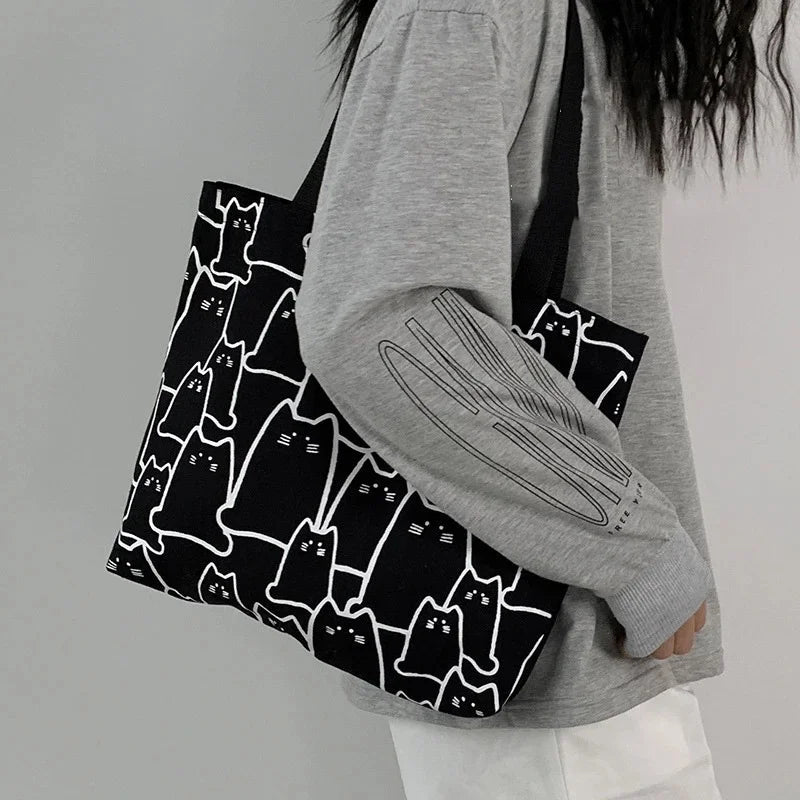 Canvas Bags Handbag for Women Shopper Cute Cat Tote Bag with Zipper Designer Bag Japanese Style Cartoon Small Shoulder - Slobuy