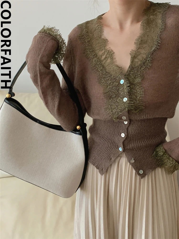 Colorfaith New 2022 Korean Fashion Chic Vintage Sweater Lace Women Autumn Winter Knitted V-Neck Cardigans Elegant Tops SWC3563JX - Slobuy
