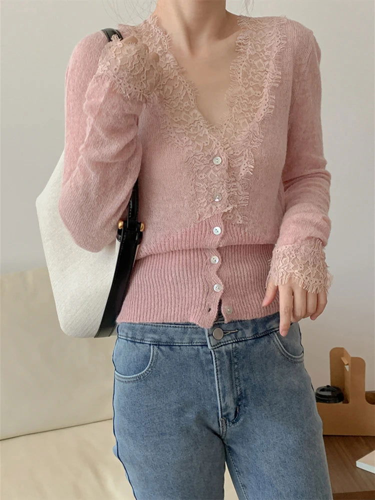 Colorfaith New 2022 Korean Fashion Chic Vintage Sweater Lace Women Autumn Winter Knitted V-Neck Cardigans Elegant Tops SWC3563JX - Slobuy
