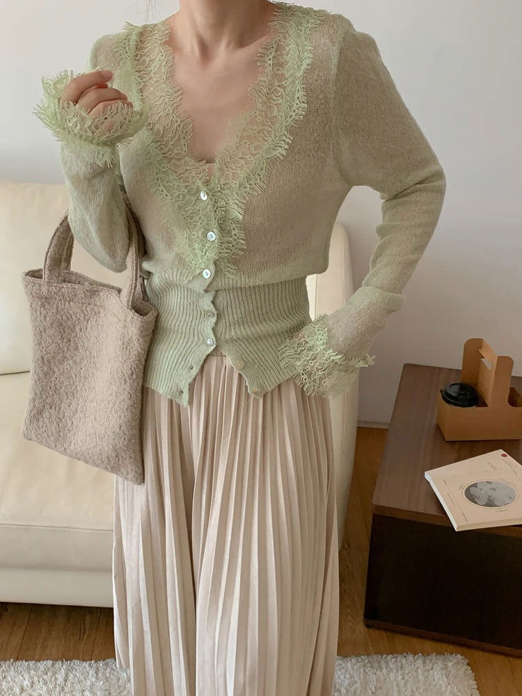 Colorfaith New 2022 Korean Fashion Chic Vintage Sweater Lace Women Autumn Winter Knitted V-Neck Cardigans Elegant Tops SWC3563JX - Slobuy