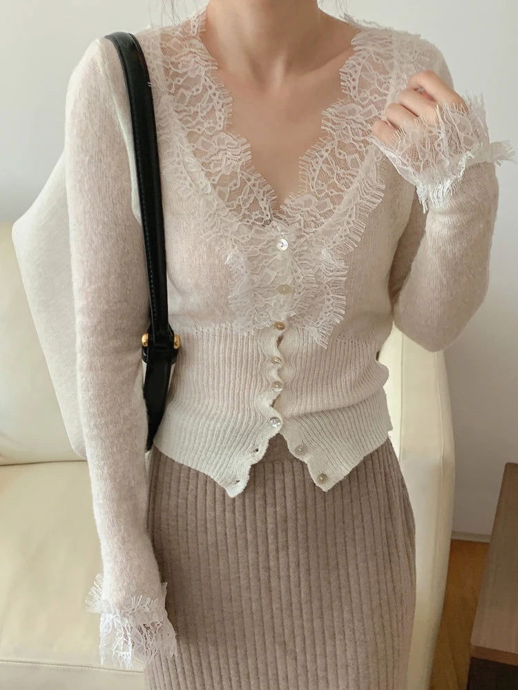 Colorfaith New 2022 Korean Fashion Chic Vintage Sweater Lace Women Autumn Winter Knitted V-Neck Cardigans Elegant Tops SWC3563JX - Slobuy