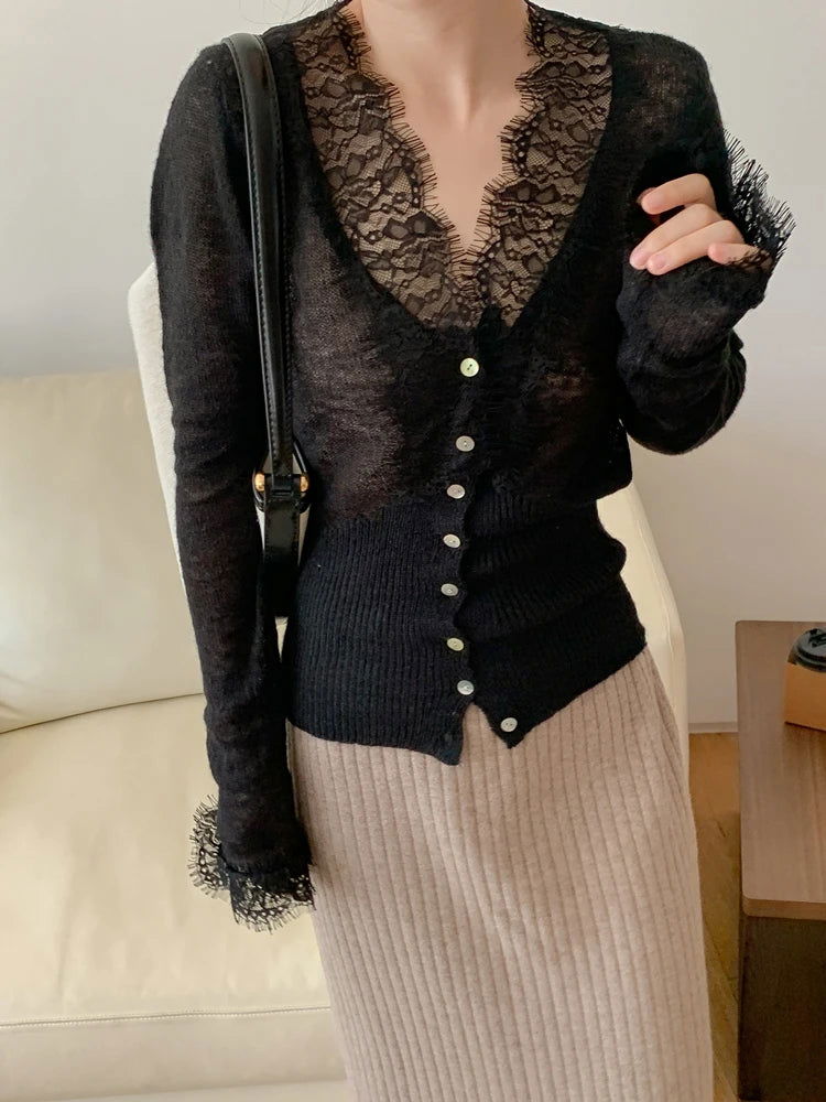 Colorfaith New 2022 Korean Fashion Chic Vintage Sweater Lace Women Autumn Winter Knitted V-Neck Cardigans Elegant Tops SWC3563JX - Slobuy
