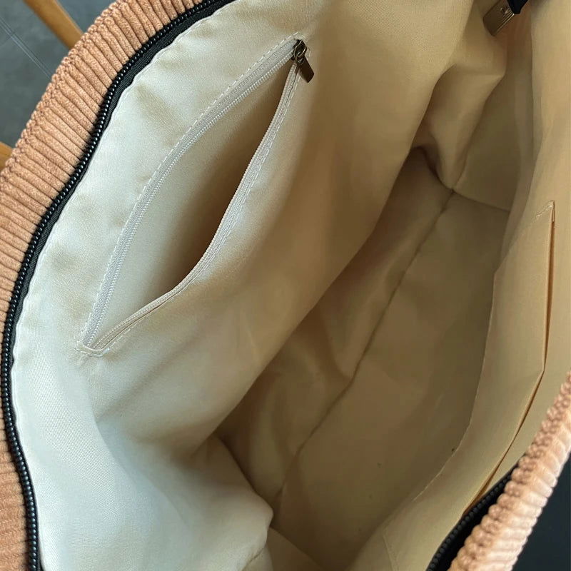 Corduroy Shoulder Bags 2023 Women Fashion Leisure College Style Shopper Multi-Pocket Large Capacity Designer Handbags Totes Bags - Slobuy