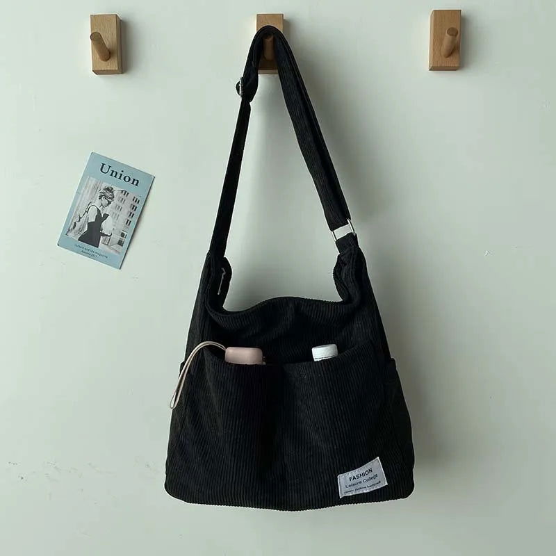 Corduroy Shoulder Bags 2023 Women Fashion Leisure College Style Shopper Multi-Pocket Large Capacity Designer Handbags Totes Bags - Slobuy