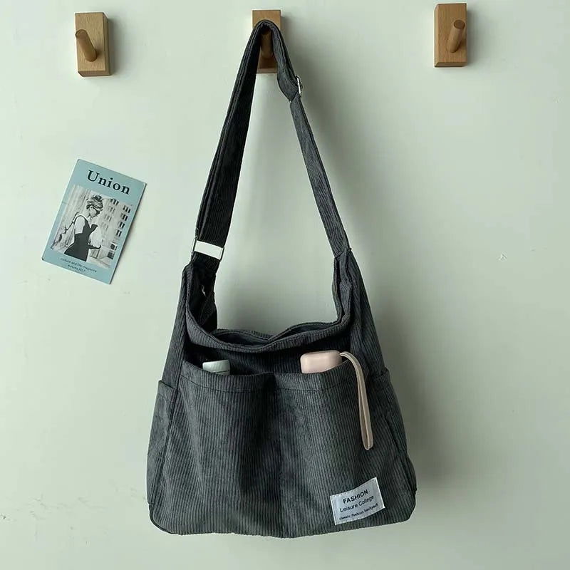 Corduroy Shoulder Bags 2023 Women Fashion Leisure College Style Shopper Multi-Pocket Large Capacity Designer Handbags Totes Bags - Slobuy