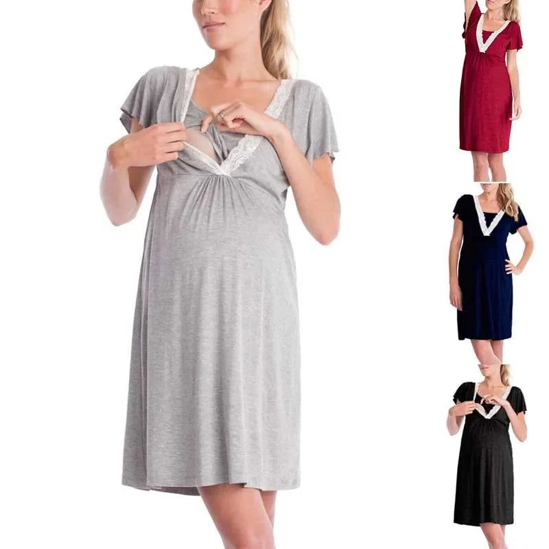 Fashion Multi-functional Lace Patchwork Breastfeeding Pajamas Mother Nursing Dress Pregnant Pajamas Nursing Clothing - Slobuy