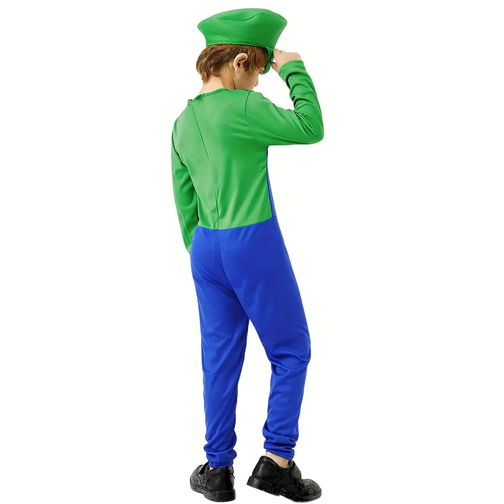 Game Boys Plumber Bros Cosplay Costumes Funny Halloween Carnival Outfits for Kids Adult Fancy Jumpsuit with Hat Mustache Gloves - Slobuy