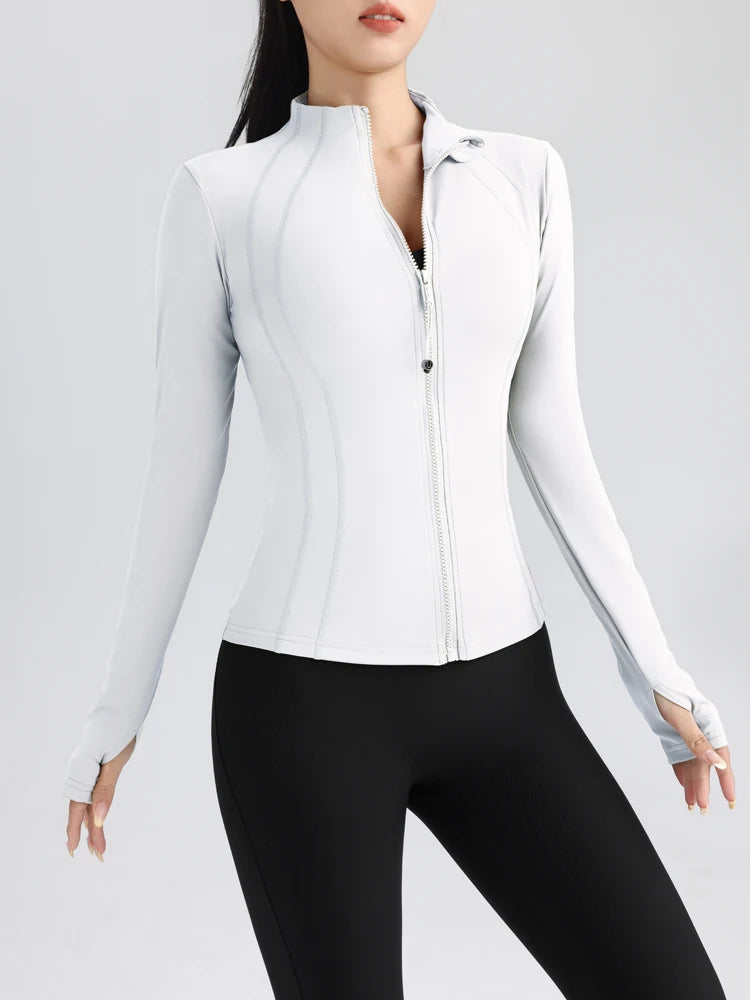 Gym Women's Full Zip Yoga Top With Thumbholes Fitness Running Jacket Stretch Fit Long Sleeve Round Neck Top Sportswear - Slobuy