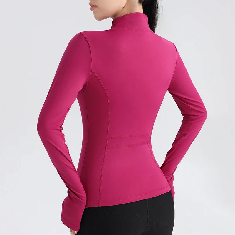 Gym Women's Full Zip Yoga Top With Thumbholes Fitness Running Jacket Stretch Fit Long Sleeve Round Neck Top Sportswear - Slobuy