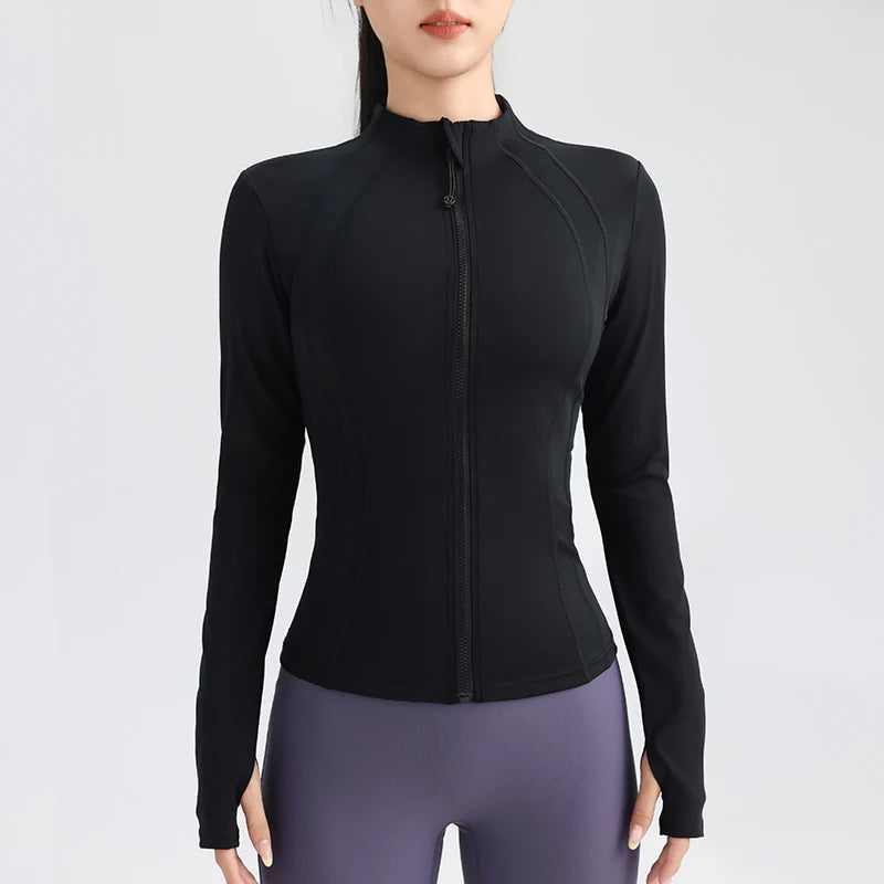 Gym Women's Full Zip Yoga Top With Thumbholes Fitness Running Jacket Stretch Fit Long Sleeve Round Neck Top Sportswear - Slobuy