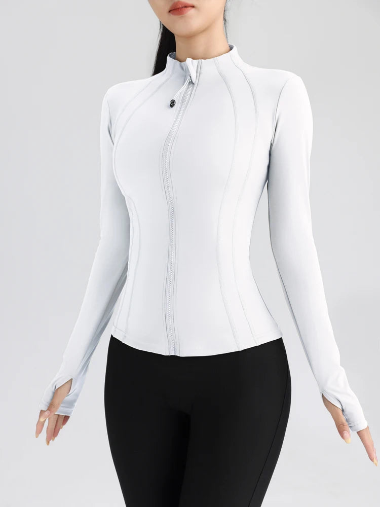 Gym Women's Full Zip Yoga Top With Thumbholes Fitness Running Jacket Stretch Fit Long Sleeve Round Neck Top Sportswear - Slobuy