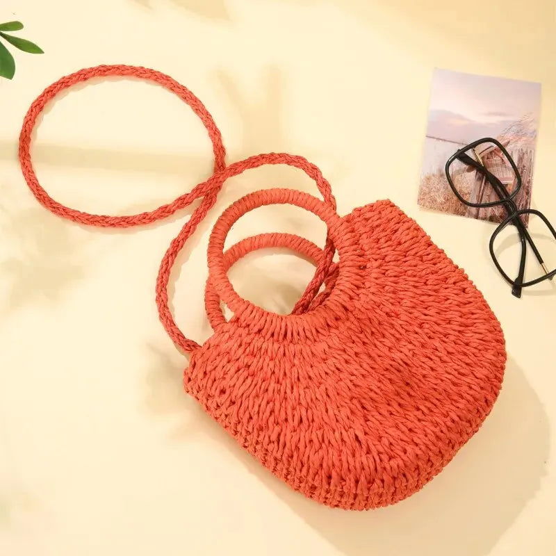 Handwoven Straw Rattan Half-Moon Beach Handbag Large Capacity Women Summer Hollow Out Crossbody Shoulder Bag - Slobuy
