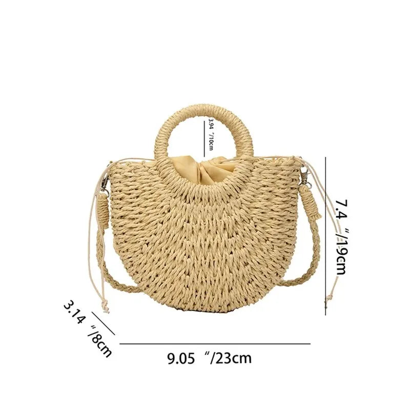 Handwoven Straw Rattan Half-Moon Beach Handbag Large Capacity Women Summer Hollow Out Crossbody Shoulder Bag - Slobuy