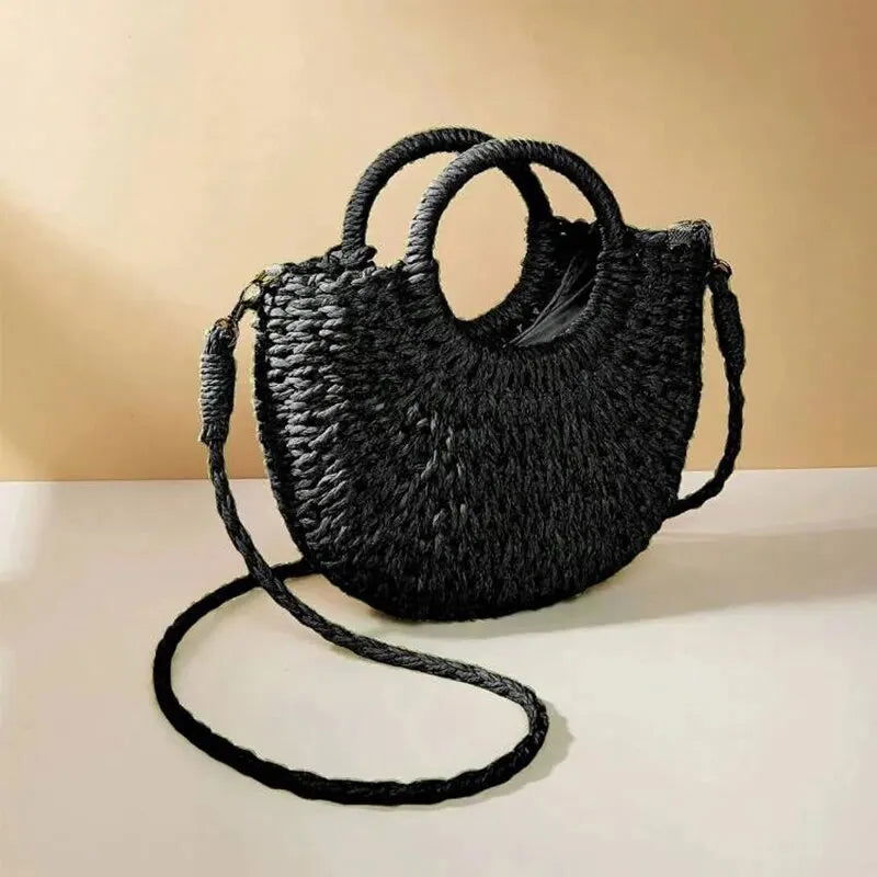 Handwoven Straw Rattan Half-Moon Beach Handbag Large Capacity Women Summer Hollow Out Crossbody Shoulder Bag - Slobuy