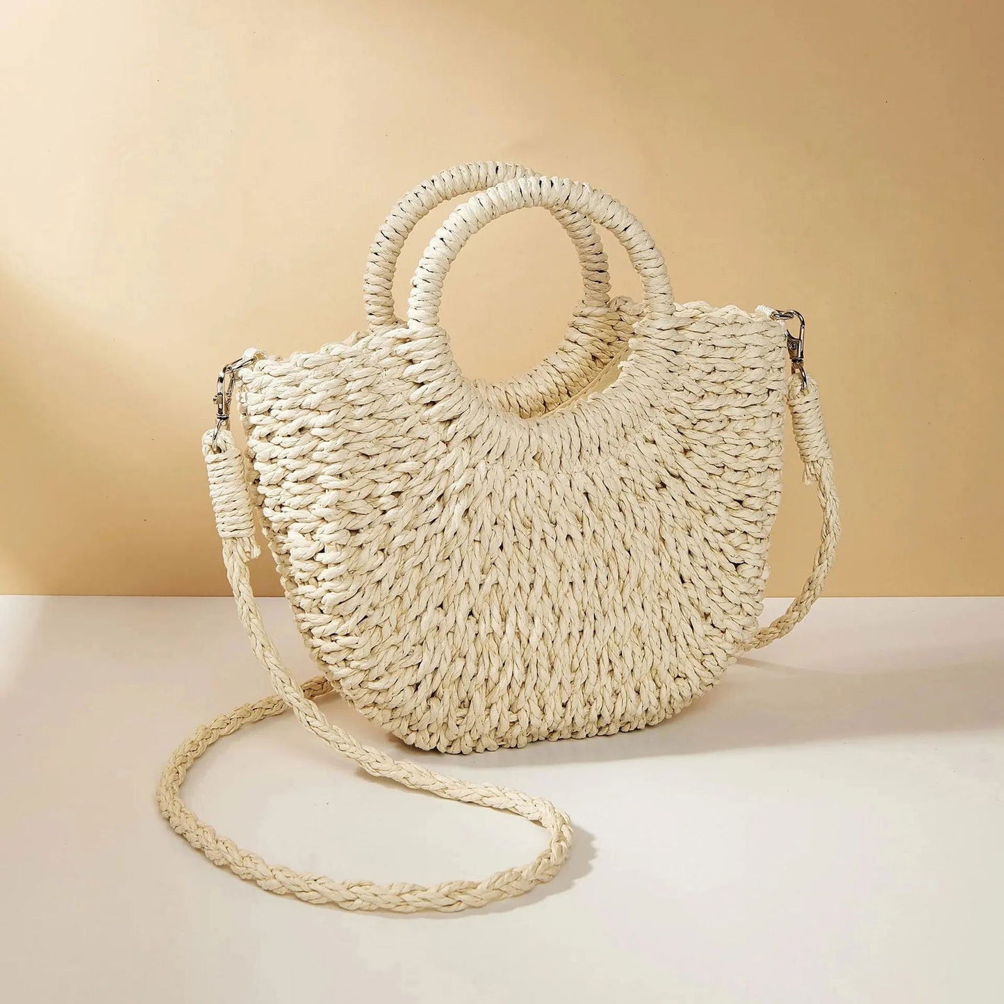 Handwoven Straw Rattan Half-Moon Beach Handbag Large Capacity Women Summer Hollow Out Crossbody Shoulder Bag - Slobuy