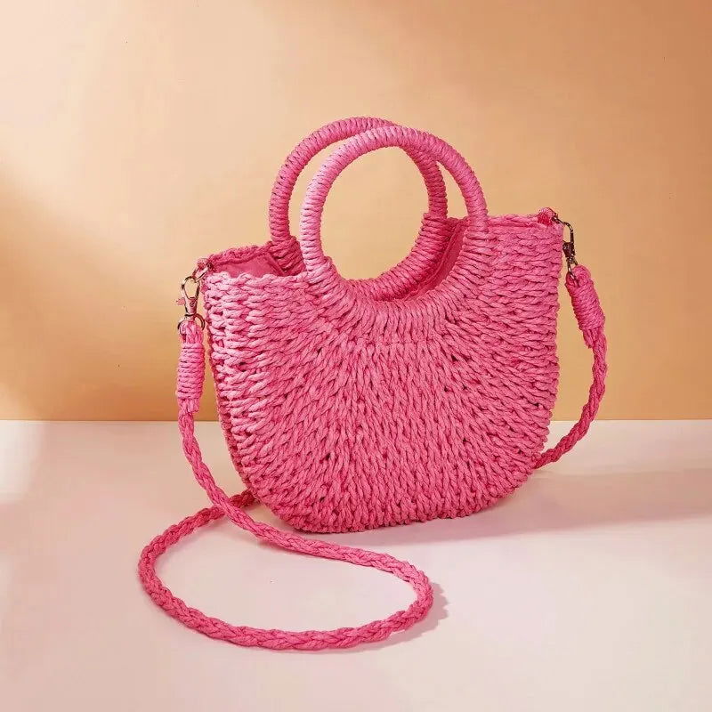 Handwoven Straw Rattan Half-Moon Beach Handbag Large Capacity Women Summer Hollow Out Crossbody Shoulder Bag - Slobuy