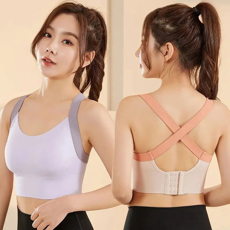 High-Intensity Sports Underwear Women Back Color Collision One-Piece Sports Bra Outer Wear Cross Strap Back Yoga Undershirt - Slobuy