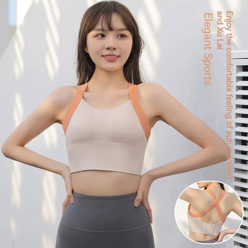 High-Intensity Sports Underwear Women Back Color Collision One-Piece Sports Bra Outer Wear Cross Strap Back Yoga Undershirt - Slobuy