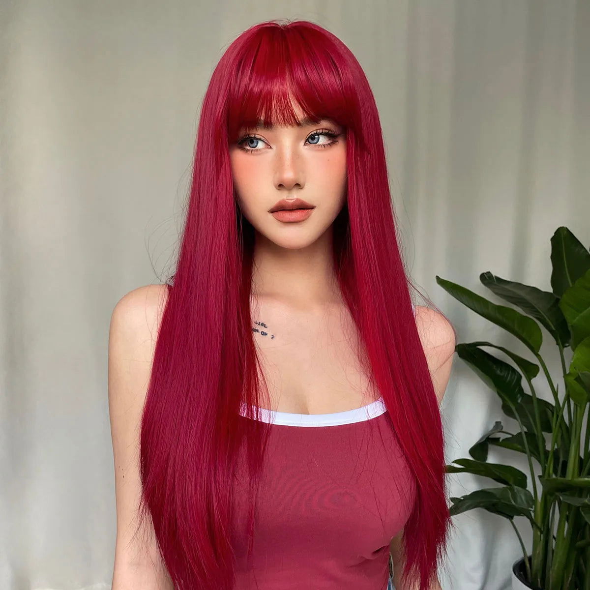 Light Wine Red Synthetic Wigs With Bangs for Women Long Straight Hair Wig Natural Cosplay Party Heat Resistant - Slobuy
