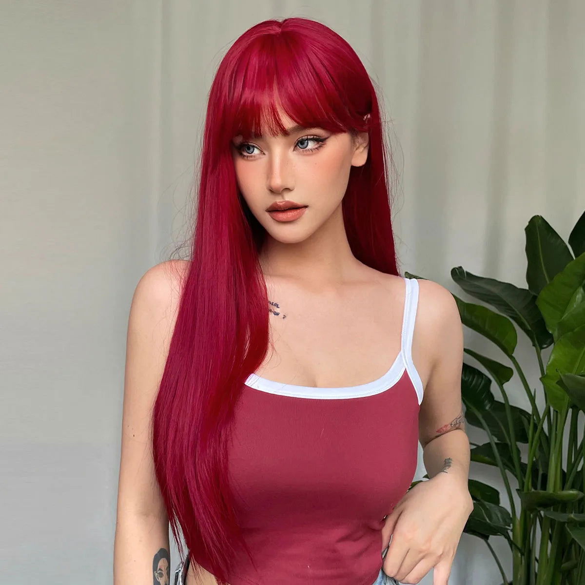 Light Wine Red Synthetic Wigs With Bangs for Women Long Straight Hair Wig Natural Cosplay Party Heat Resistant - Slobuy