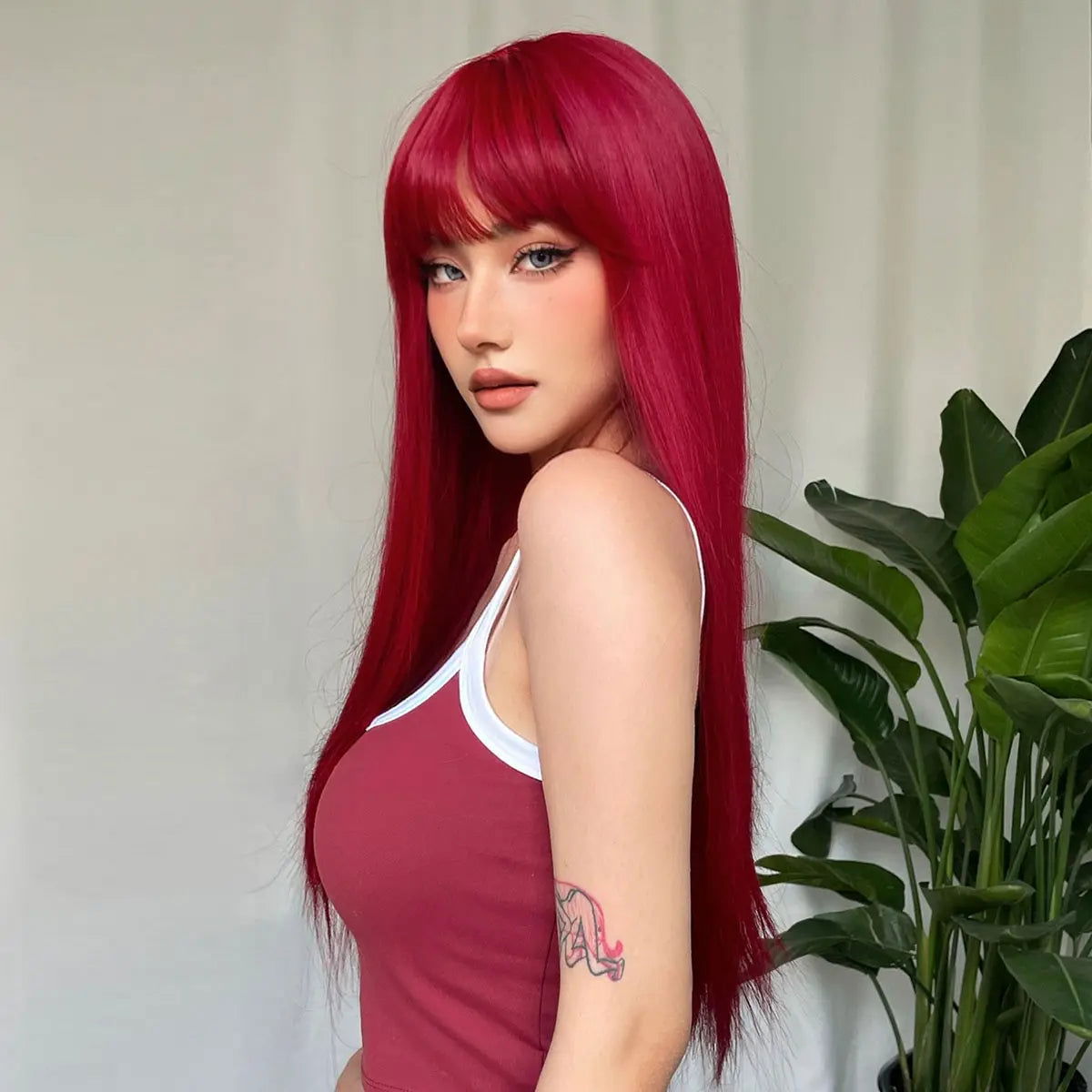 Light Wine Red Synthetic Wigs With Bangs for Women Long Straight Hair Wig Natural Cosplay Party Heat Resistant - Slobuy