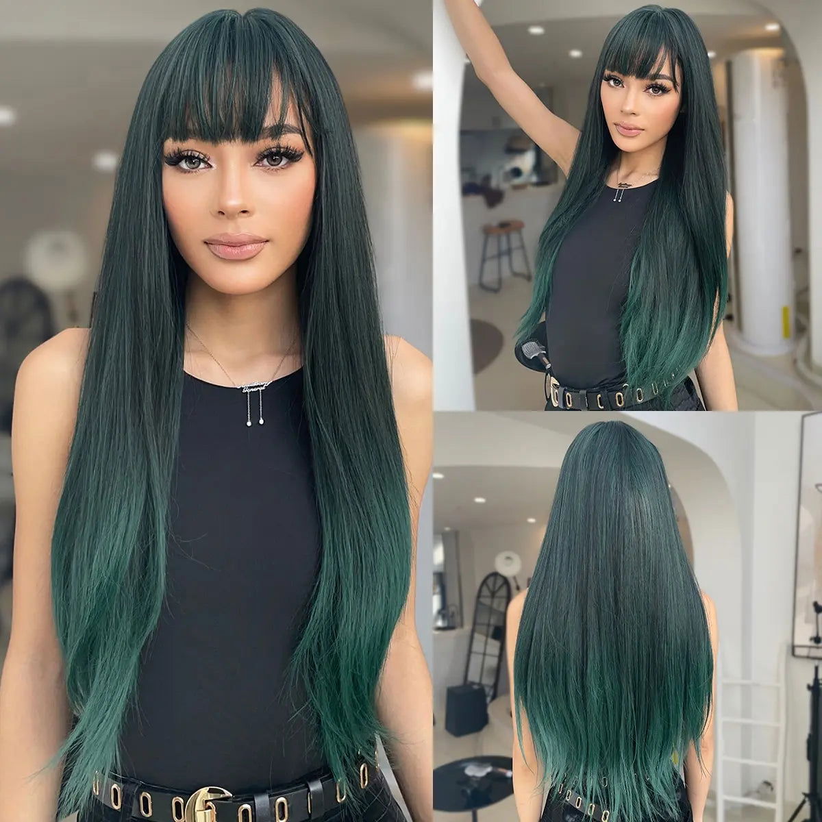 Light Wine Red Synthetic Wigs With Bangs for Women Long Straight Hair Wig Natural Cosplay Party Heat Resistant - Slobuy