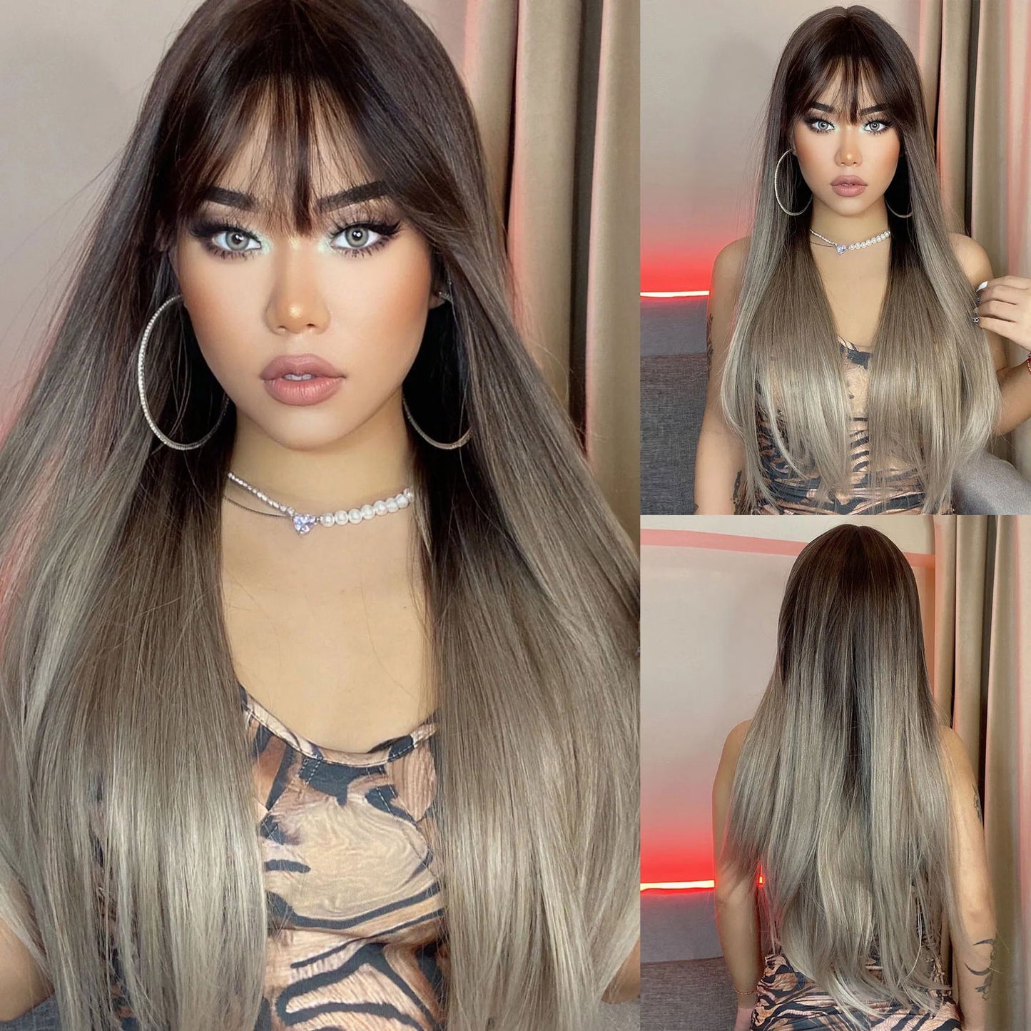 Light Wine Red Synthetic Wigs With Bangs for Women Long Straight Hair Wig Natural Cosplay Party Heat Resistant - Slobuy