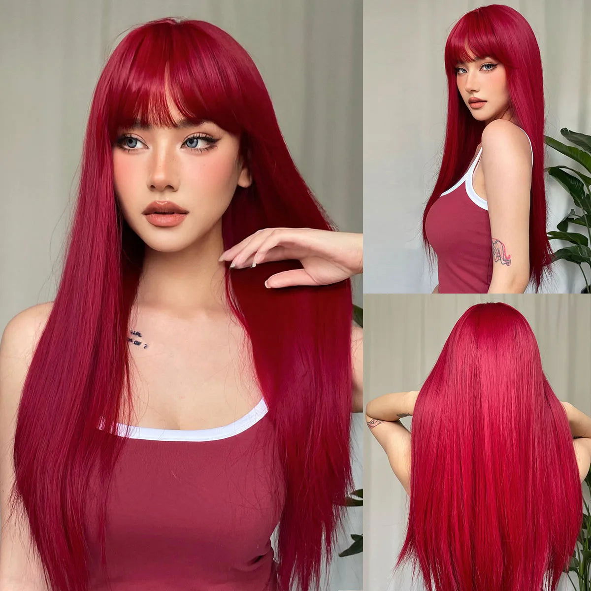 Light Wine Red Synthetic Wigs With Bangs for Women Long Straight Hair Wig Natural Cosplay Party Heat Resistant - Slobuy