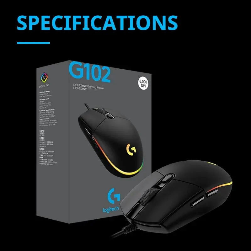 Logitech G102 Mouse Original Ergonomic Mouse Optical 8000DPI 16.8M Color LED Customizing 6 Buttons Wired Pc Gaming Accessories - Slobuy