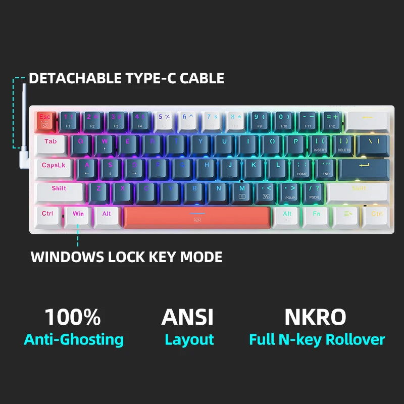 Machenike K500-B61 Mini Mechanical Keybaord 60% Form Factor 61Keys Gaming Keybaord Wired Full Key Hot-Swappable RGB Backlit - Slobuy