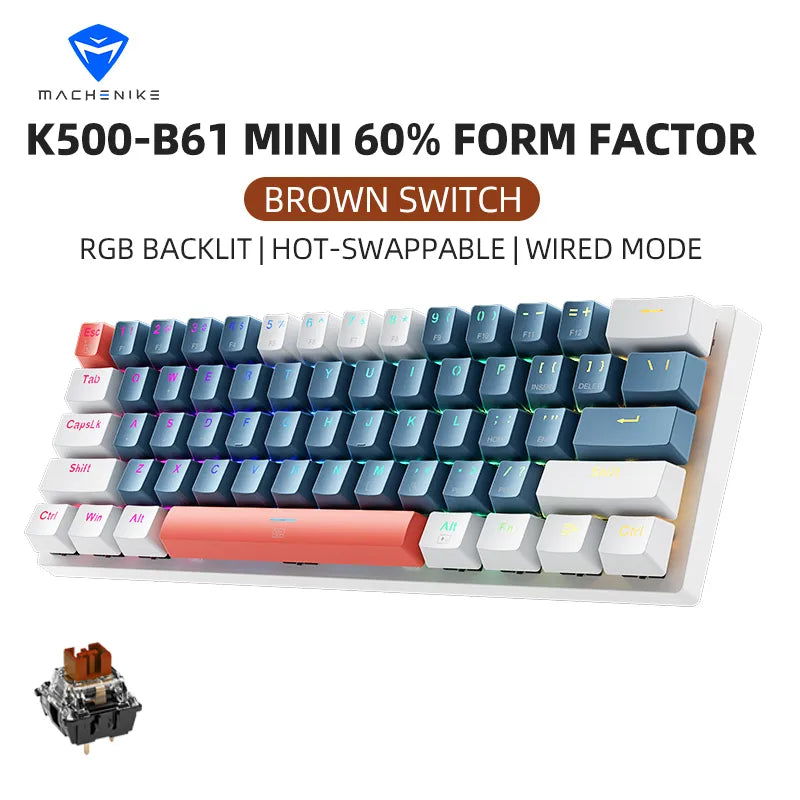 Machenike K500-B61 Mini Mechanical Keybaord 60% Form Factor 61Keys Gaming Keybaord Wired Full Key Hot-Swappable RGB Backlit - Slobuy